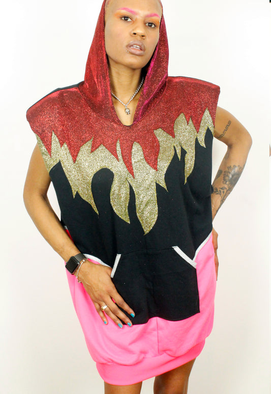 Firestarter- Oversized Flame applique black hooded sweater dress with Glitter hood.