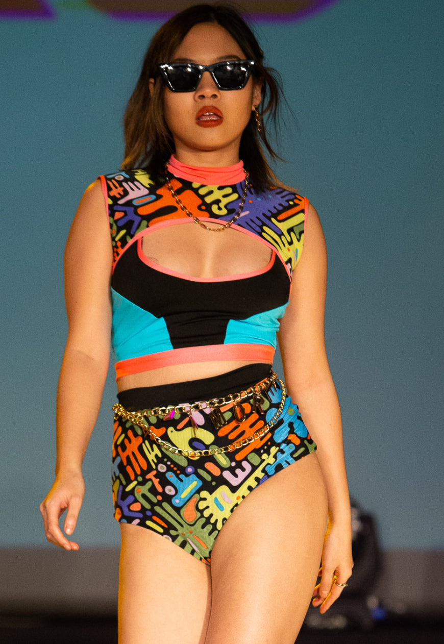 Frenzy - Multicolour blue and Neon abstract graphic 90’s print colour block crop top