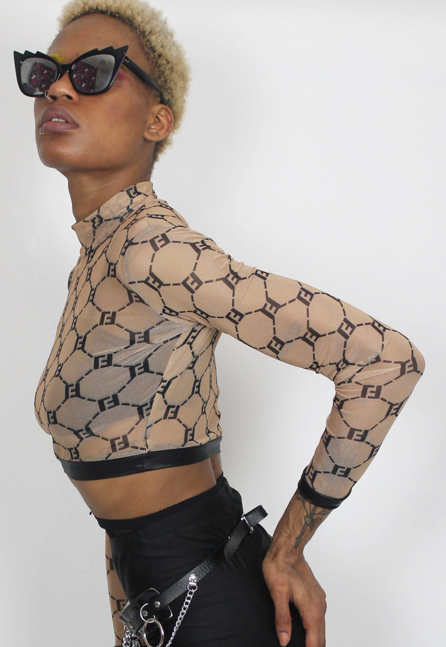 F*you  Nude mesh top with black F print