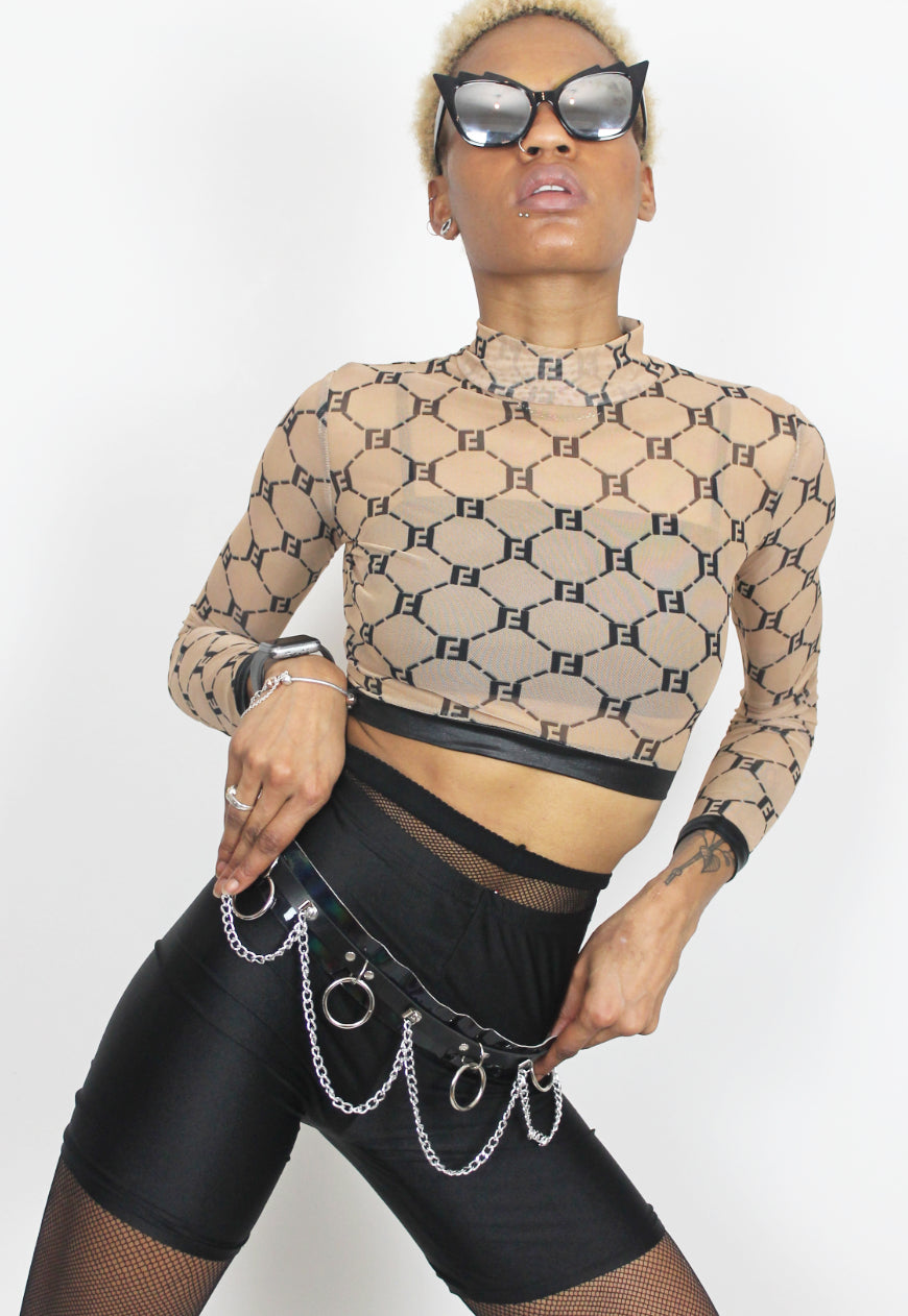 F*you  Nude mesh top with black F print