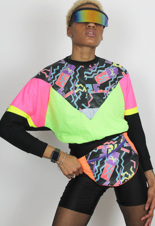 Glow Up - 80's surf print neon colour block batwing jumper