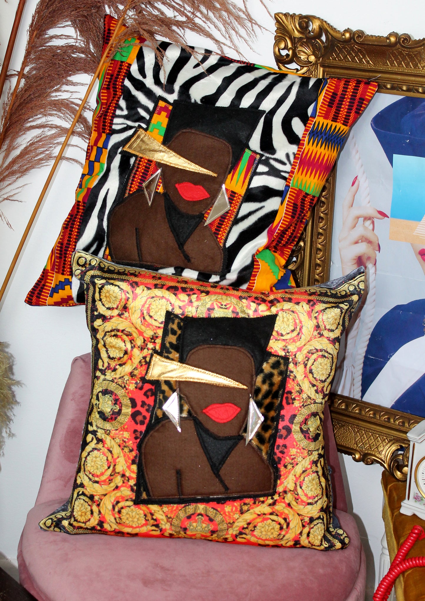 Extravagance - decorative throw cushion in baroque printed velvet with Grace Jones appliqué design