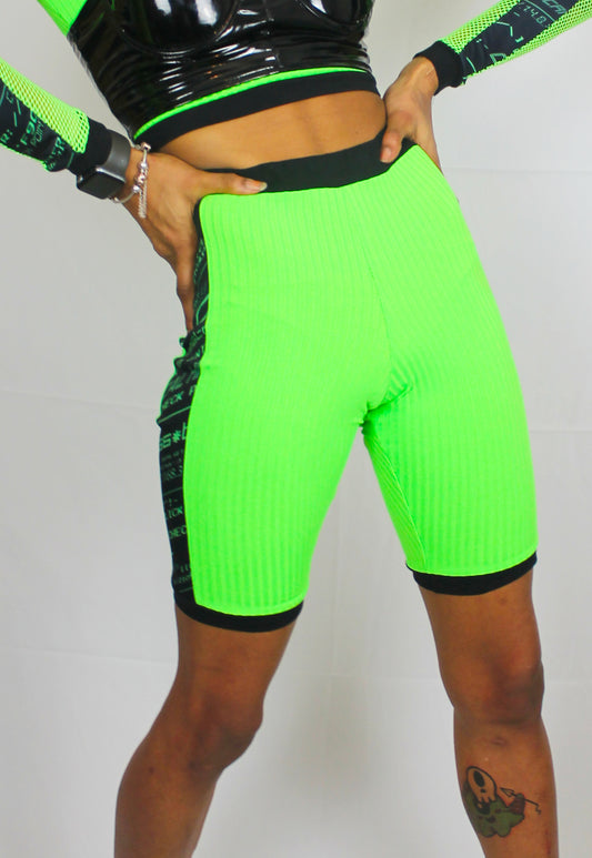 Hard Drive - Neon green cycling shorts with Y2K printed panel