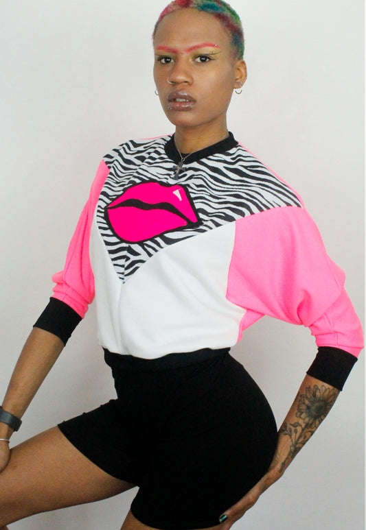 Juicy Kisses Zebra - Zebra and pink batwing sweater with pink lips
