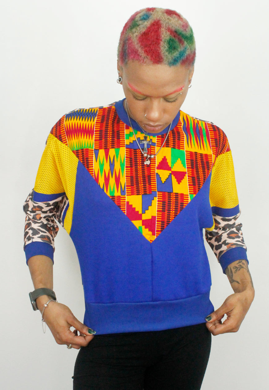 Kente - Leopard print and colour block batwing sweater with kente panel