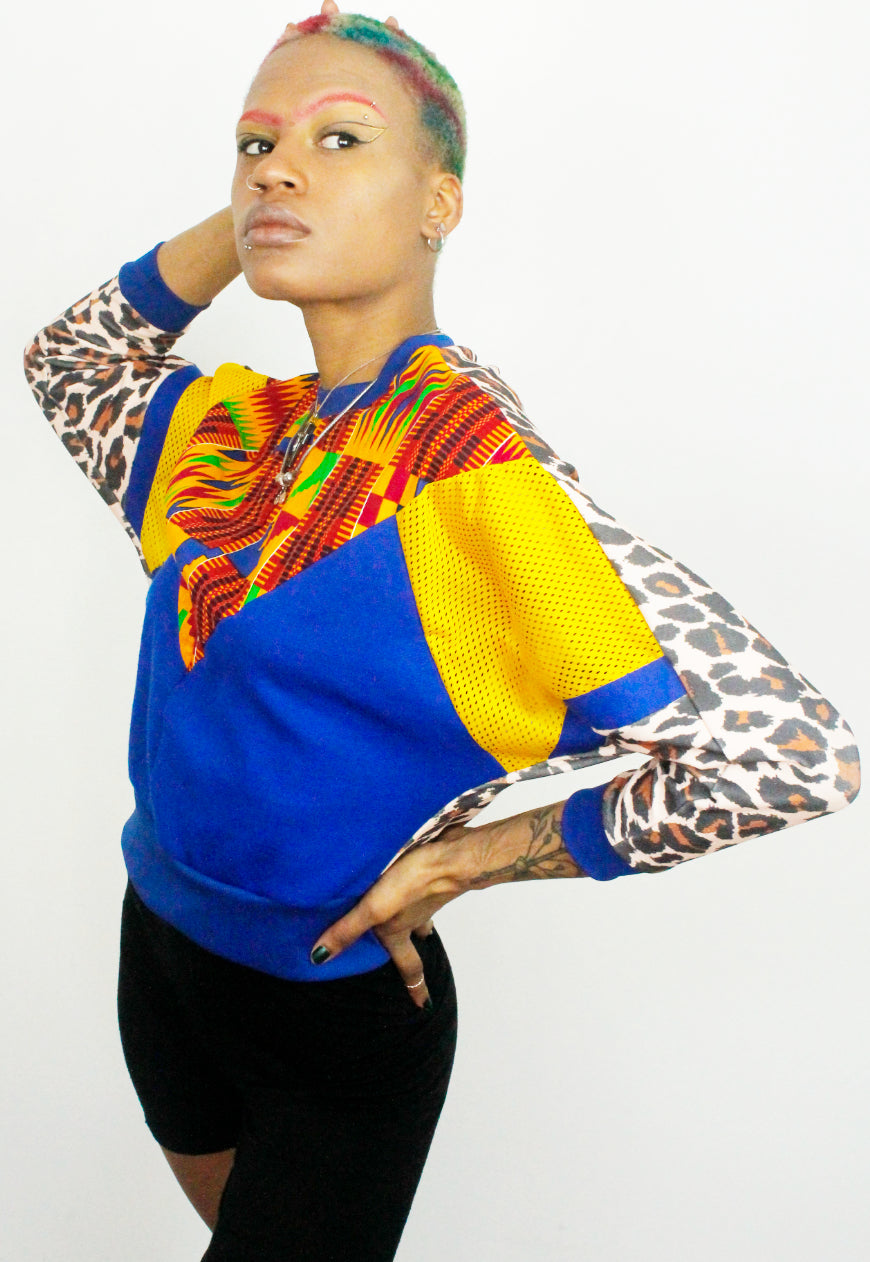 Kente - Leopard print and colour block batwing sweater with kente panel