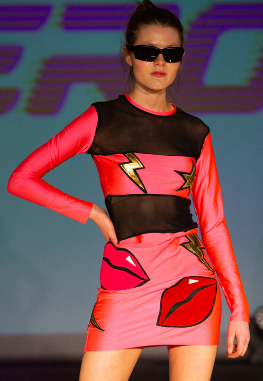 KISS KISS BANG BANG Neon pink  Bodycon dress with lips lightening bolt and star applique,