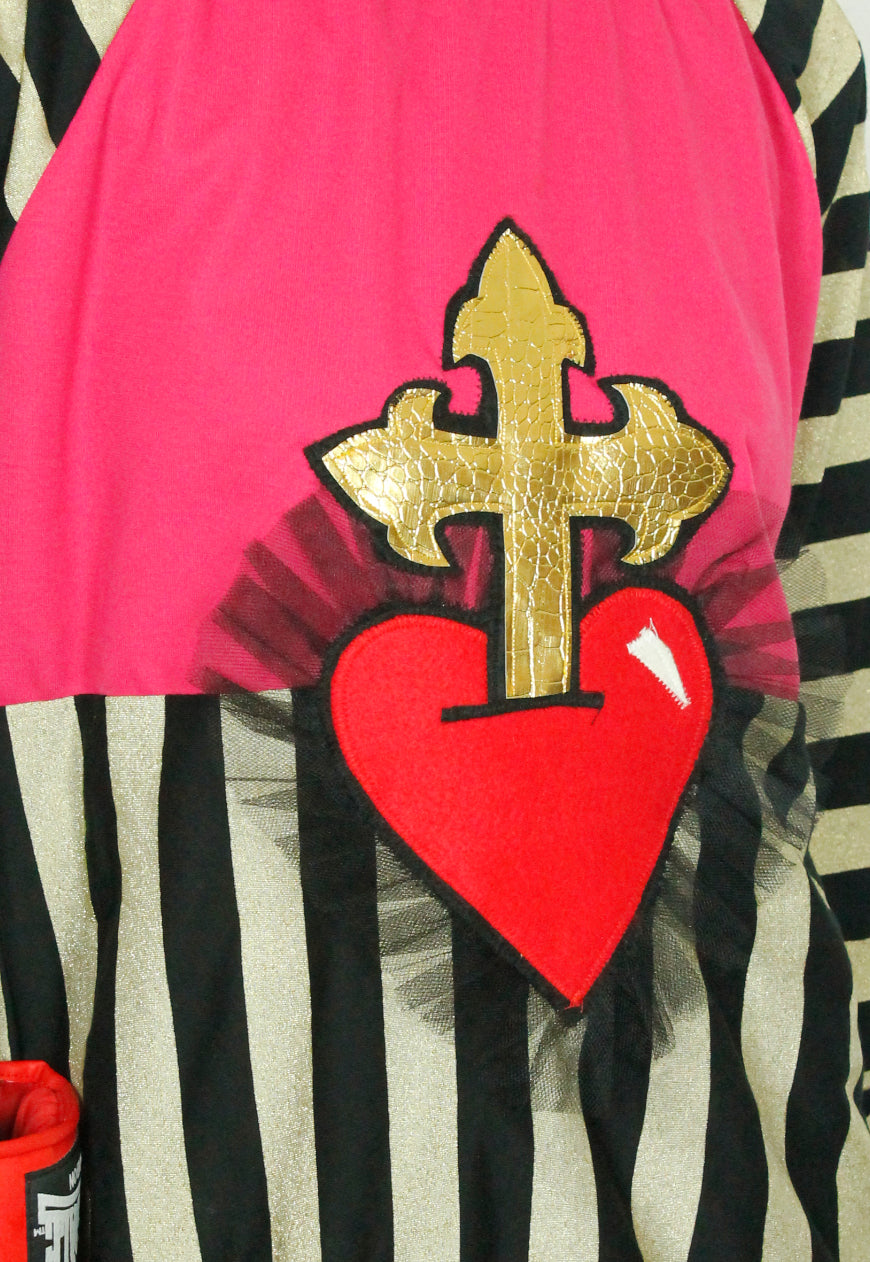 KNOCKOUT Pink, black and gold panel oversize sweater with heart and cross