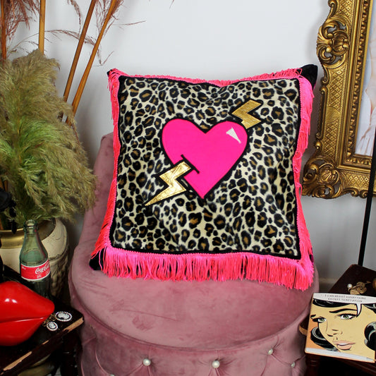 Lovestruck - decorative throw cushion in leopard print with heart and lightning bolt design