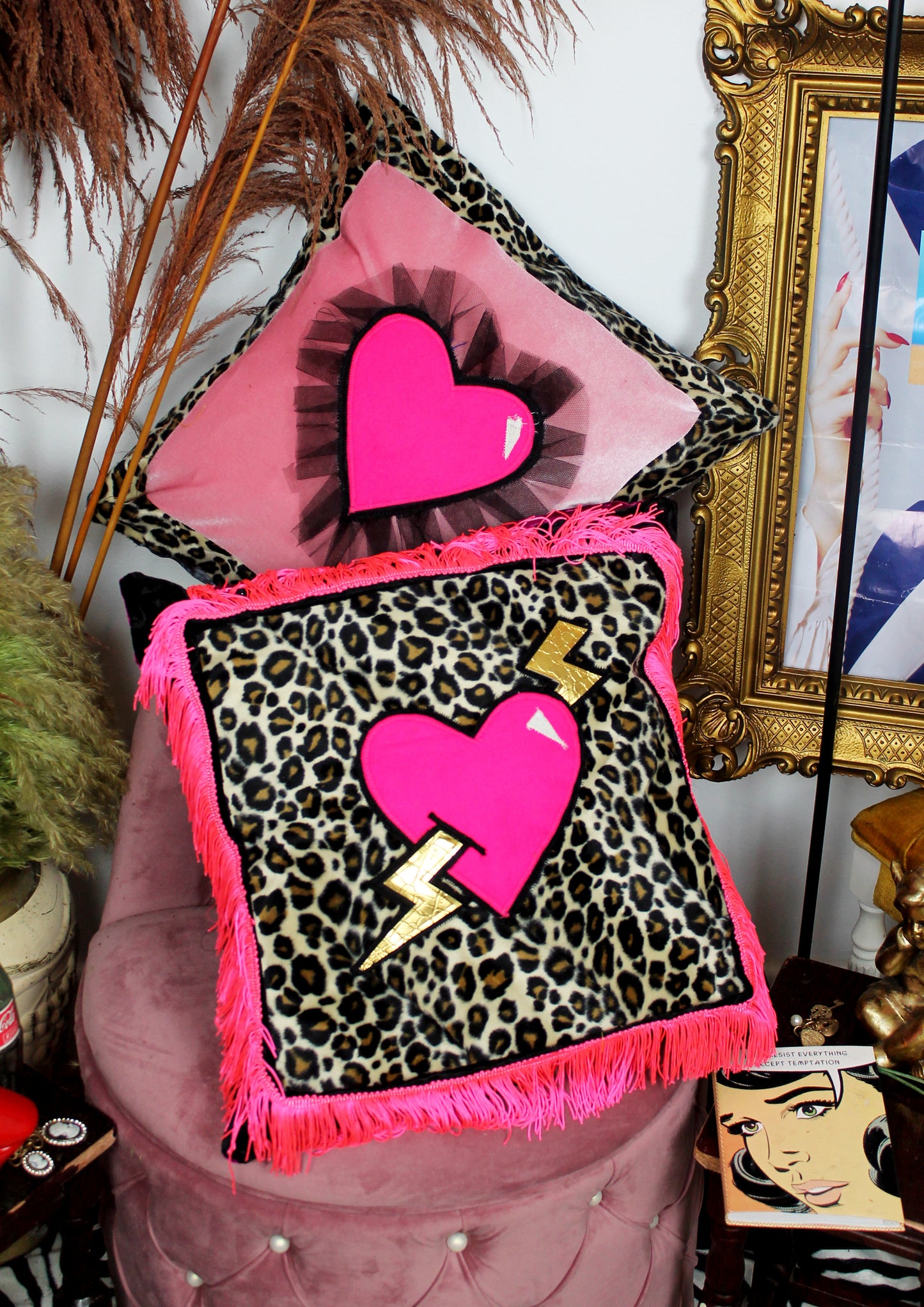 Dangerous Liaison - Pink statement throw cushion with heart applique and leopard trim