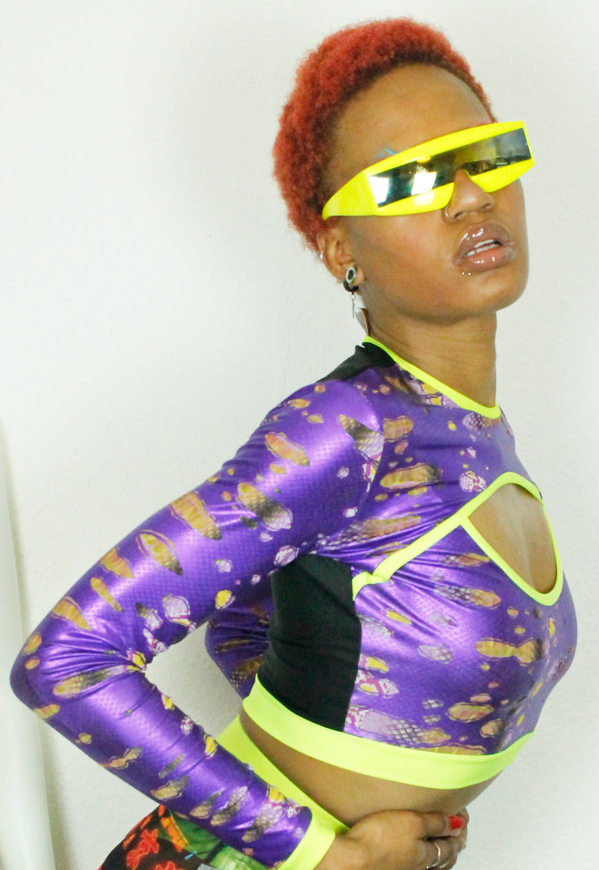 MEDUSA - Metallic purple peekaboo crop top with neon yellow trim