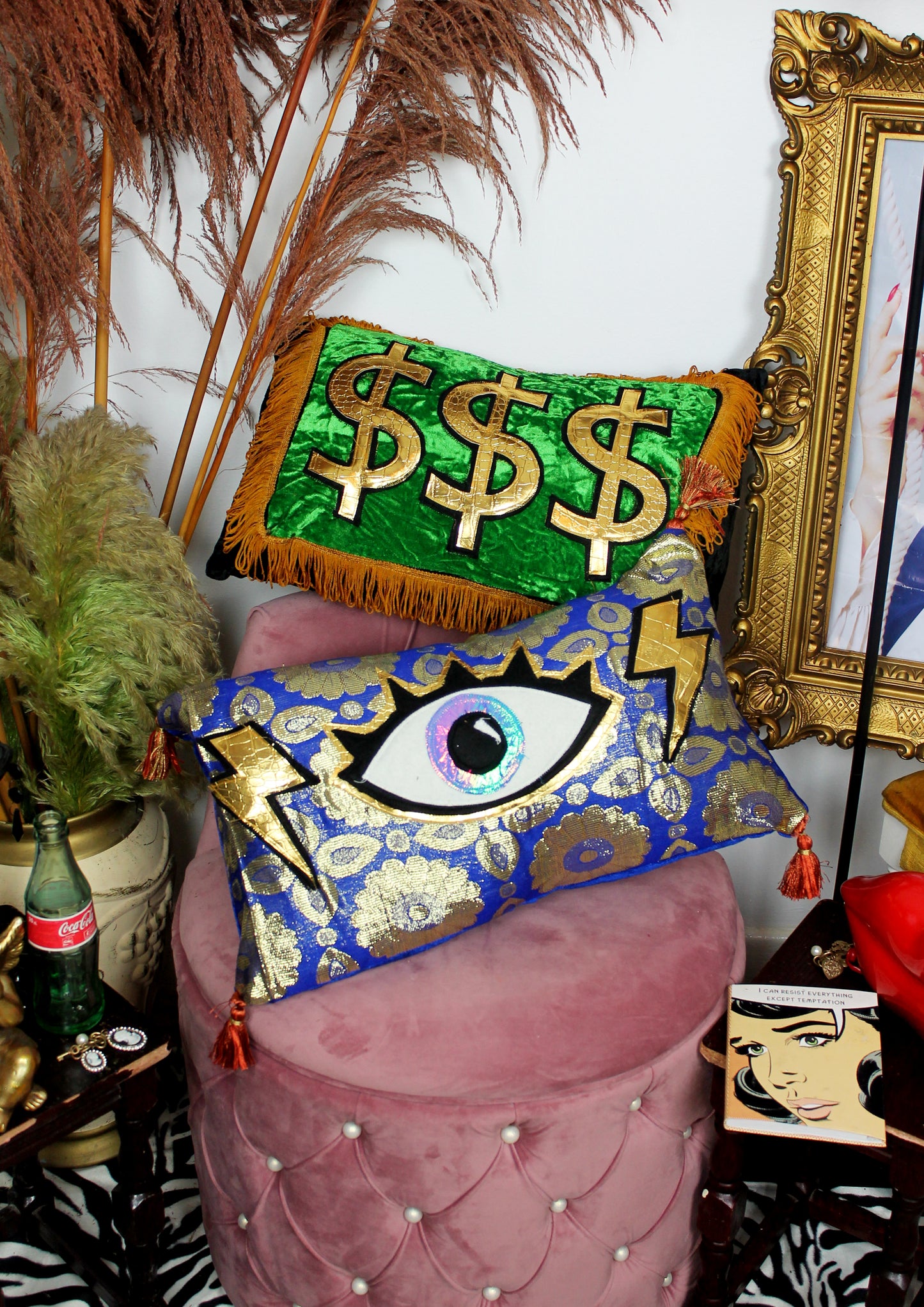 Lavish - decorative tassel throw cushion in green velvet with gold dollar design.