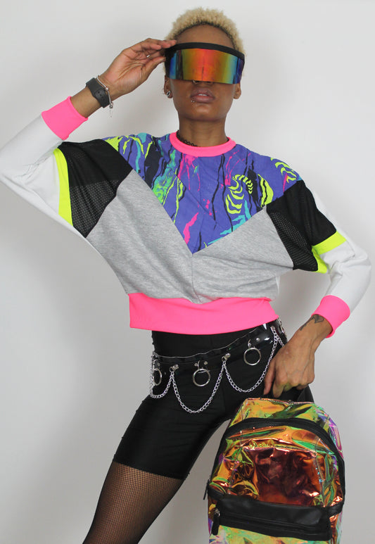 Neon Dreams - 80's print panel grey, white and black Batwing jumper with neon trim