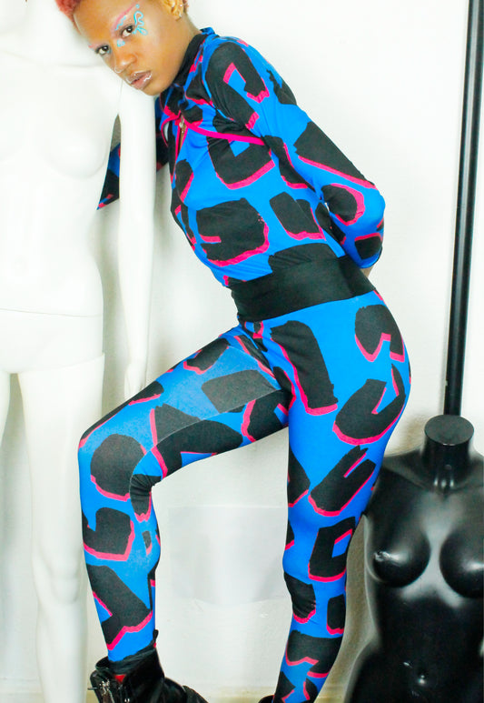 PANTHER LEGGINGS Blue and pink abstract leopard print high waisted leggings