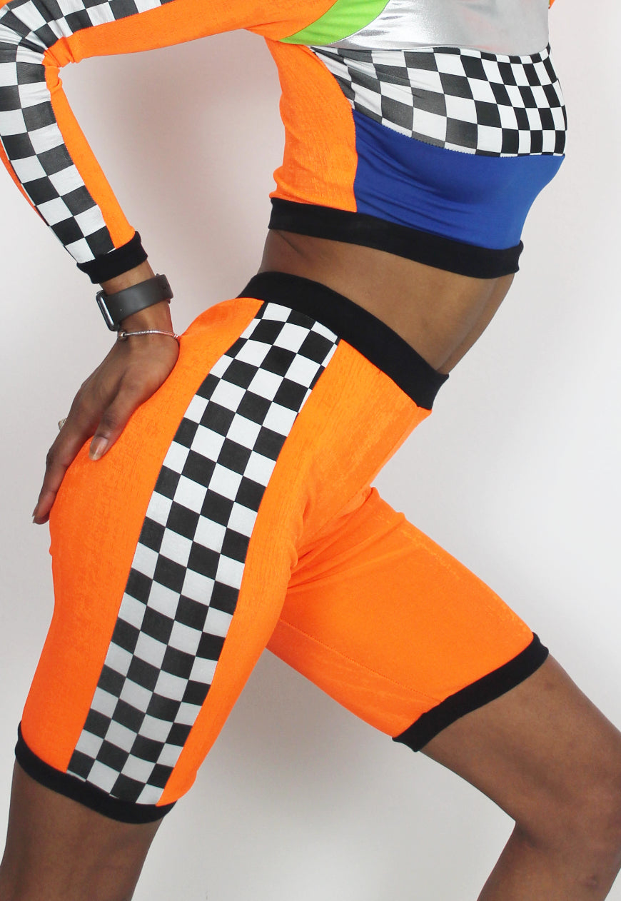 Rush Hour - Orange and checker board panel cycling shorts