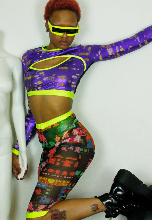 SHANGHAI Chinese print high waisted mesh midi skirt with neon knicker