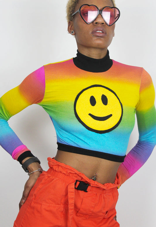 Smiley Happy People - Long sleeved rainbow crop top with smiley face applique