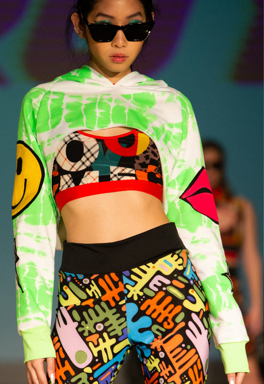 Soundclash - Neon Tye Dye extreme cropped hoodie with lips and smile face