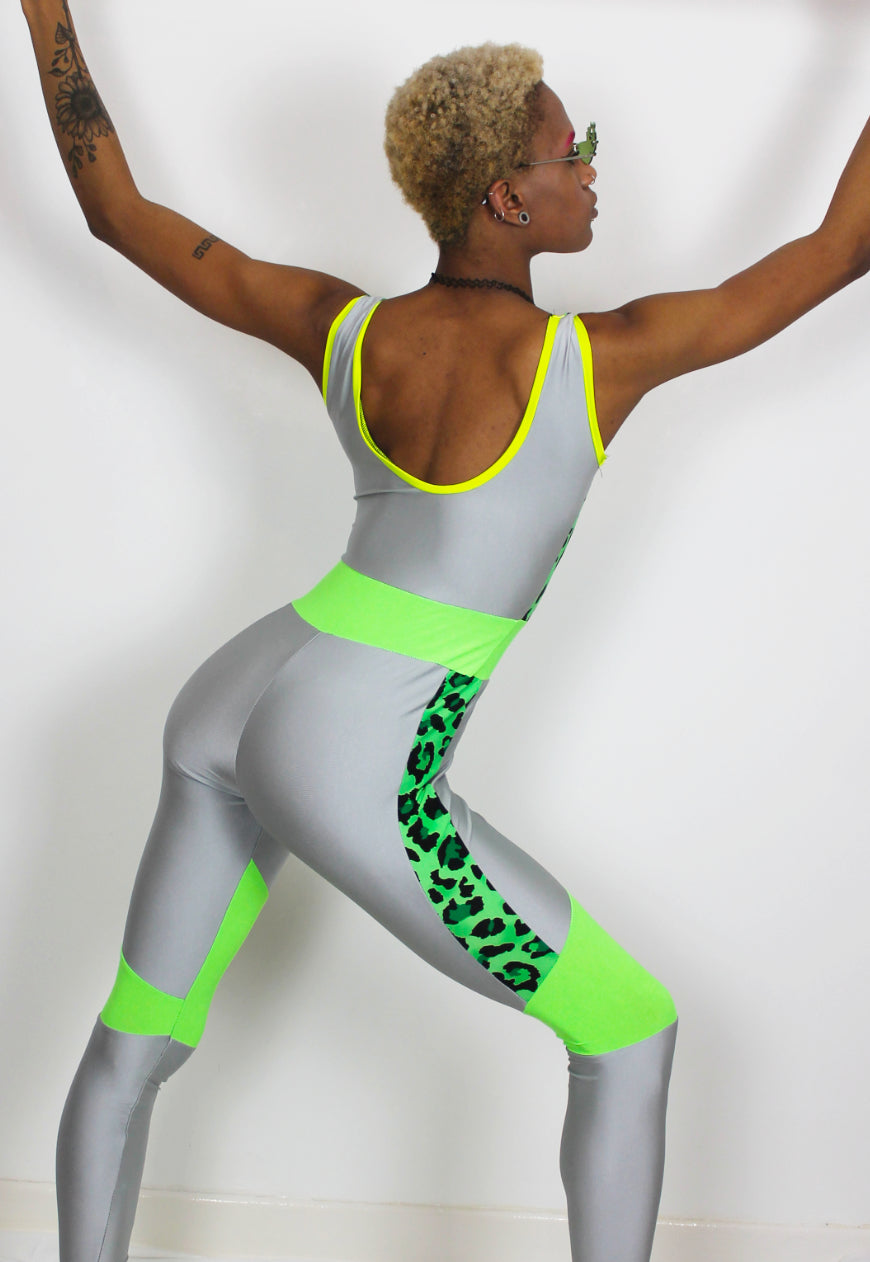 Smokeshow - Silver jumpsuit with neon green and leopard panels