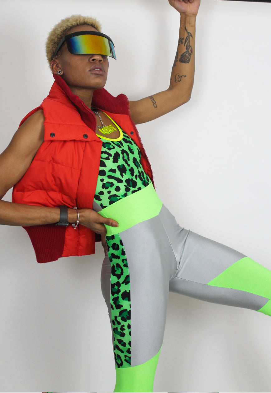 Smokeshow - Silver jumpsuit with neon green and leopard panels