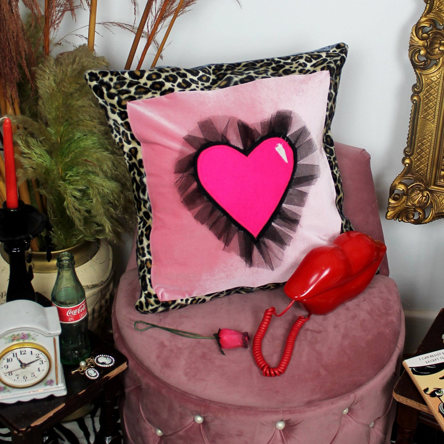 Dangerous Liaison - Pink statement throw cushion with heart applique and leopard trim