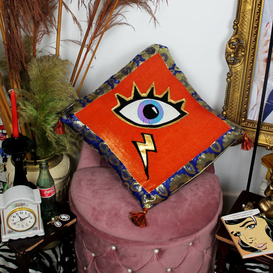 Spirit Guide - Handmade throw cushion with eye appliqué in orange velvet with gold and blue baroque fabric