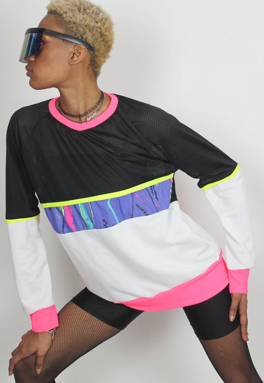 Teenage Kicks - Oversized black and white sweatshirt with 80's print panel and neon trim