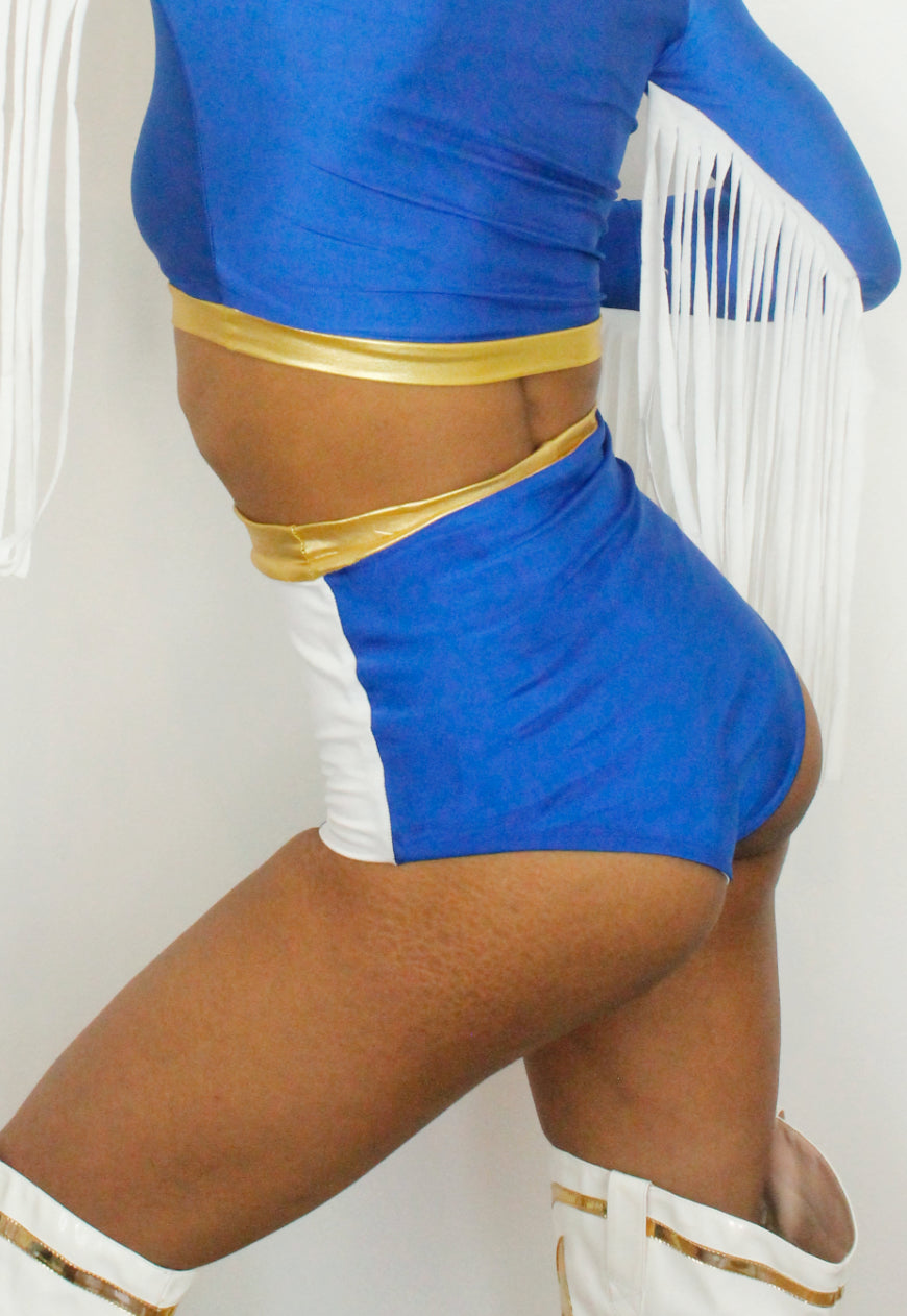 Texas - Blue and white hot pant shorts with gold star applique