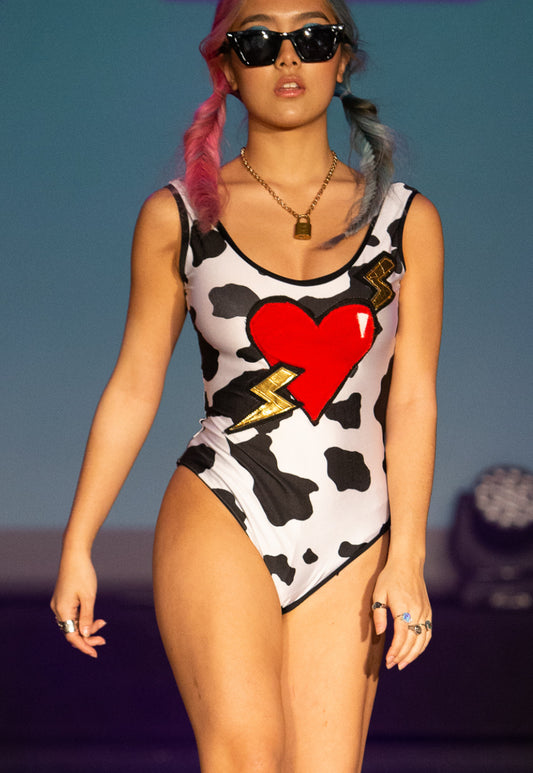 True Love - Cow print bodysuit with Heart and lightning bolts