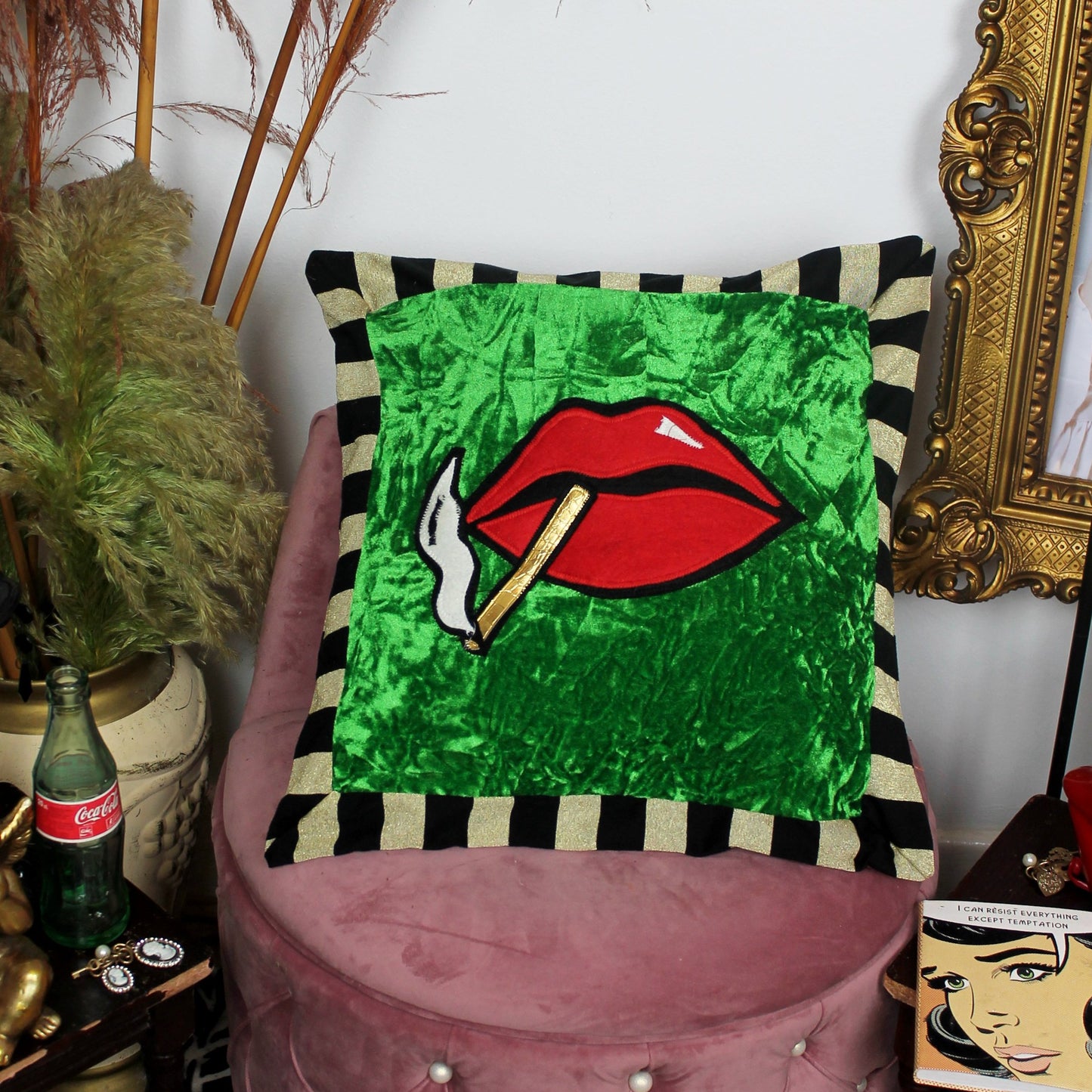 Absinth - Statement green and gold decorative throw cushion with red lips