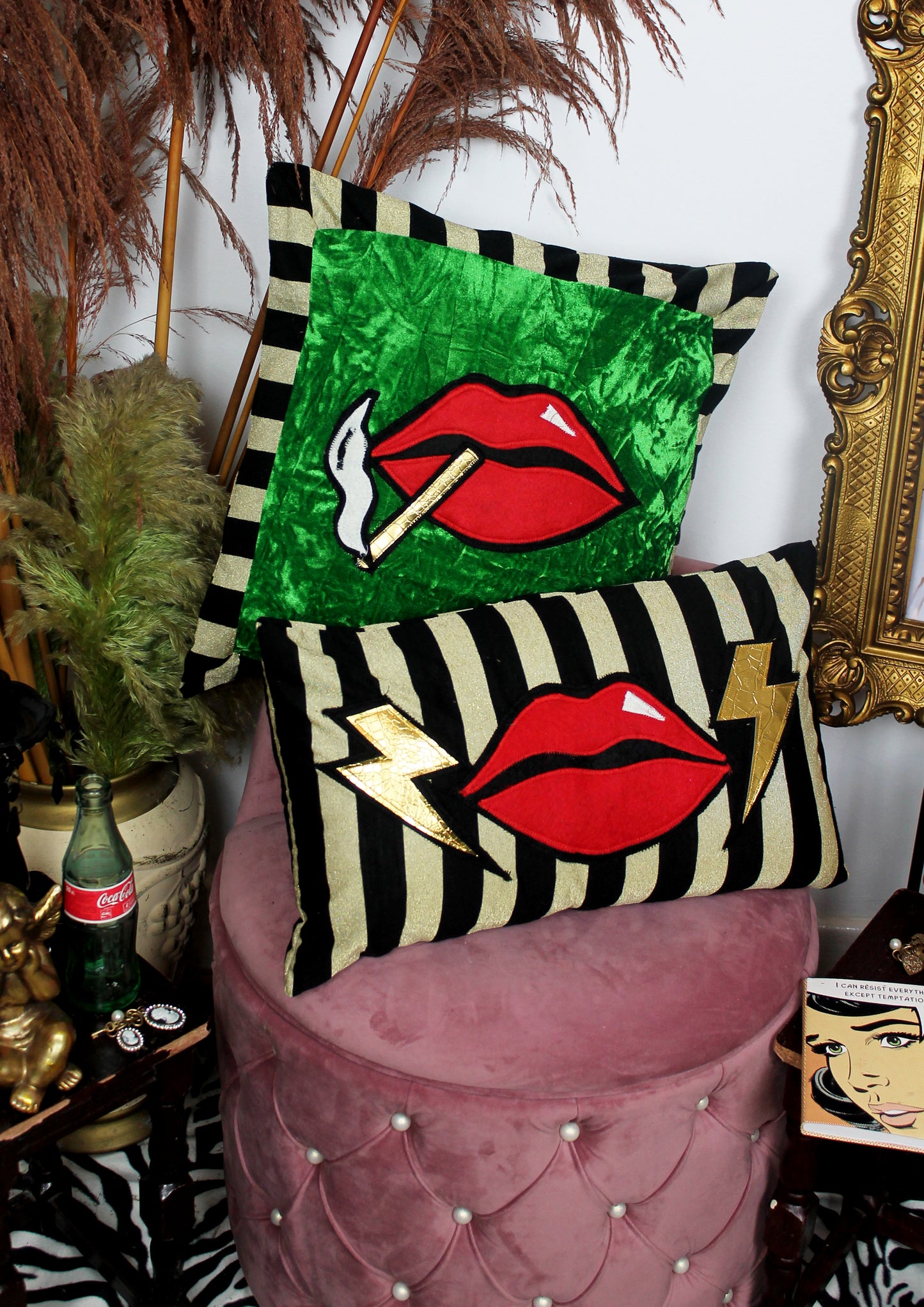 Absinth - Statement green and gold decorative throw cushion with red lips