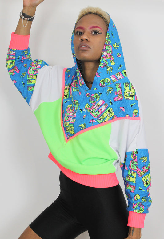 Wipeout - Surf print batwing hooded top with neon and white colour block panels