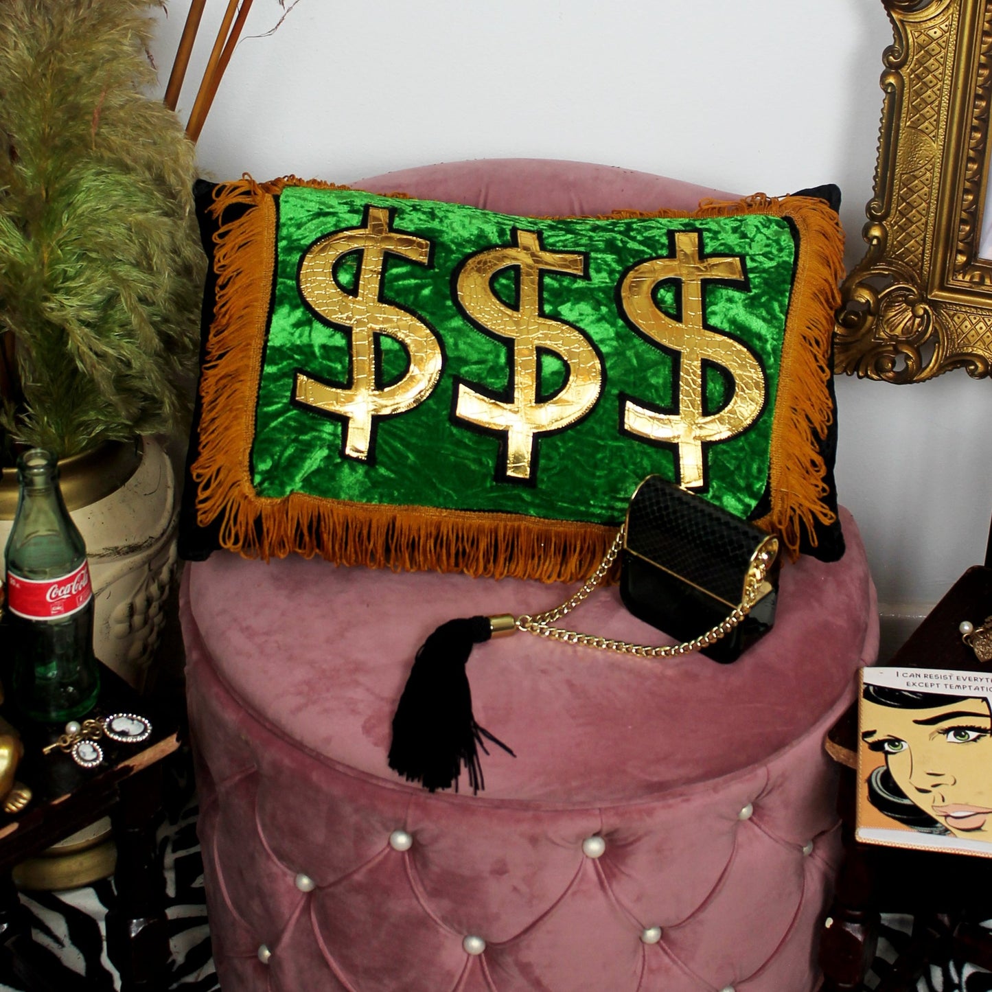 Lavish - decorative tassel throw cushion in green velvet with gold dollar design.