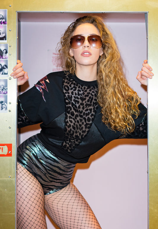 Paris is burning - Batwing sweat top with leopard mesh panel and lightning bolts